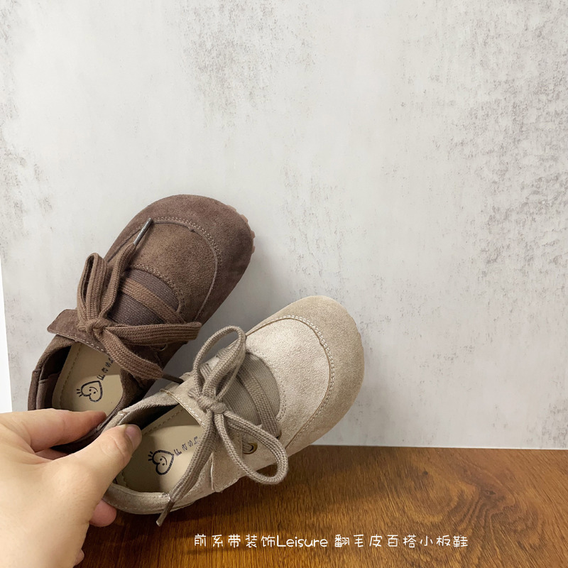 前系带装饰儿童复古休闲风翻毛皮小板鞋2025年秋款男女童小单鞋批|undefined