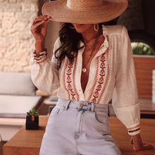 欧美亚马逊复古民族风绣花长袖度假衬衫灯笼袖新款女装上衣女春装