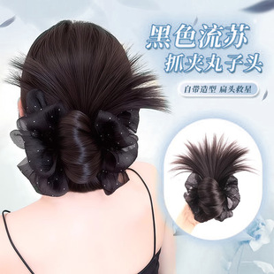 Pom-Pom Bun Wig for Women with Polka Dot Claw Clip, Fluffy Low Bun Natural Hair Tie Hair Bun Wig