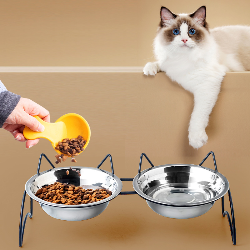 Tazón de acero inoxidable para gatos, tazón para perros, tazón para bebidas, tazón de grano para proteger la columna cervical, tazón para gatos de acero inoxidable para mascotas, doble tazón para gatos