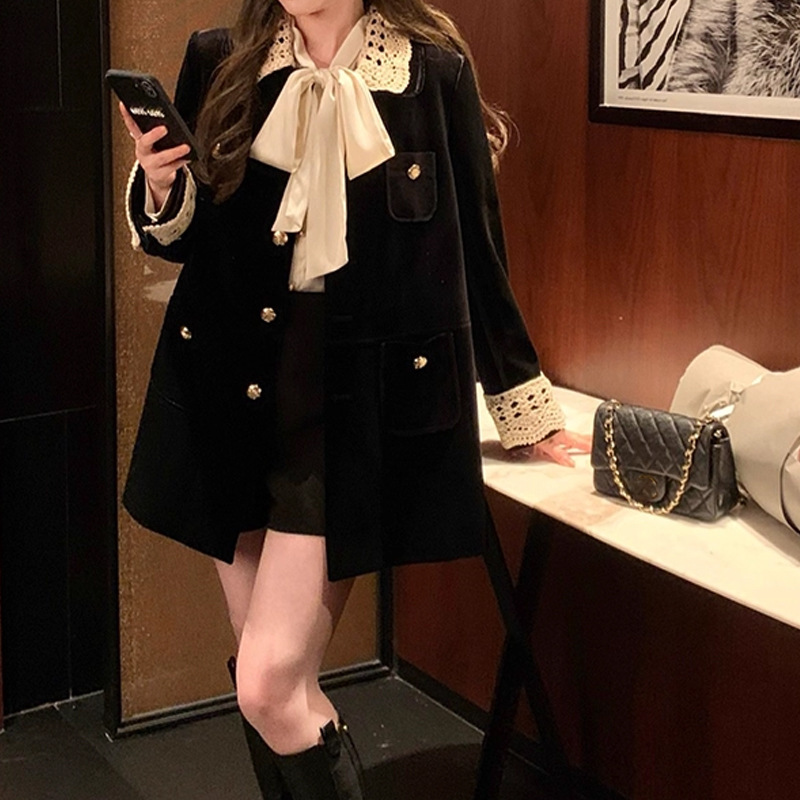 锦倩 MIU系复古翻领中长款麂皮/丝绒外套工装风衣女 美拉德穿搭潮|undefined