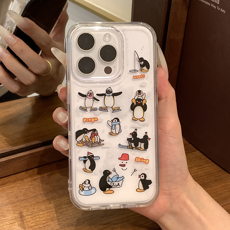 Son Ins Cute Sand Snowflake Skating Sled Penguin iPhone16promax Phone Case Apple 15pro Elegant Girl 13/14 Drop-Resistant All-Covering Hard Case New Style