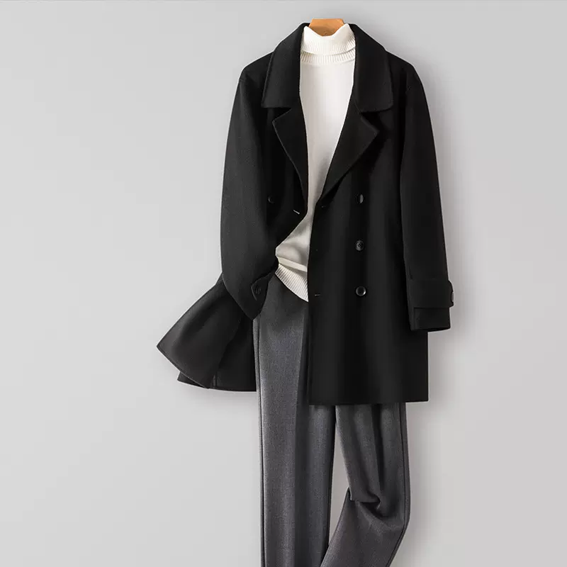 100%羊毛呢子大衣中长款双排扣毛呢风衣外套男双面无羊绒大衣批发