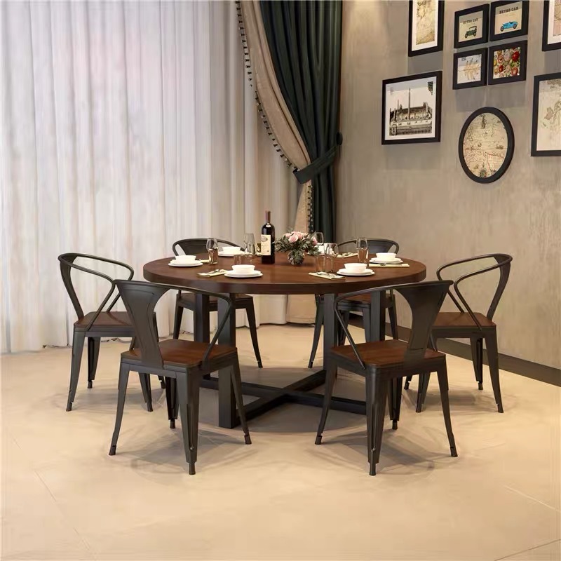 Retro Industrial Style Solid Wood Dining Table Hotel Box Table Hot Pot Table and Chair Combination Commercial Restaurant Hotel Large Round Table