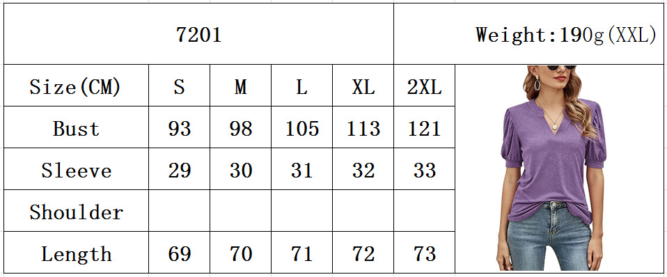 Top Summer Casual V neck Solid Color Puff Sleeve Loose T shirt Women