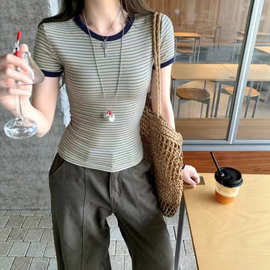 夏季新款圆领条纹撞色短袖T恤女韩系修身百搭日常通勤休闲风上衣