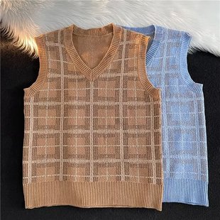 2022 Autumn and Winter New Korean-style Retro Plaid Knitted Vest Trendy Hong Kong-style Loose Couple Pullover Sleeveless Sweater