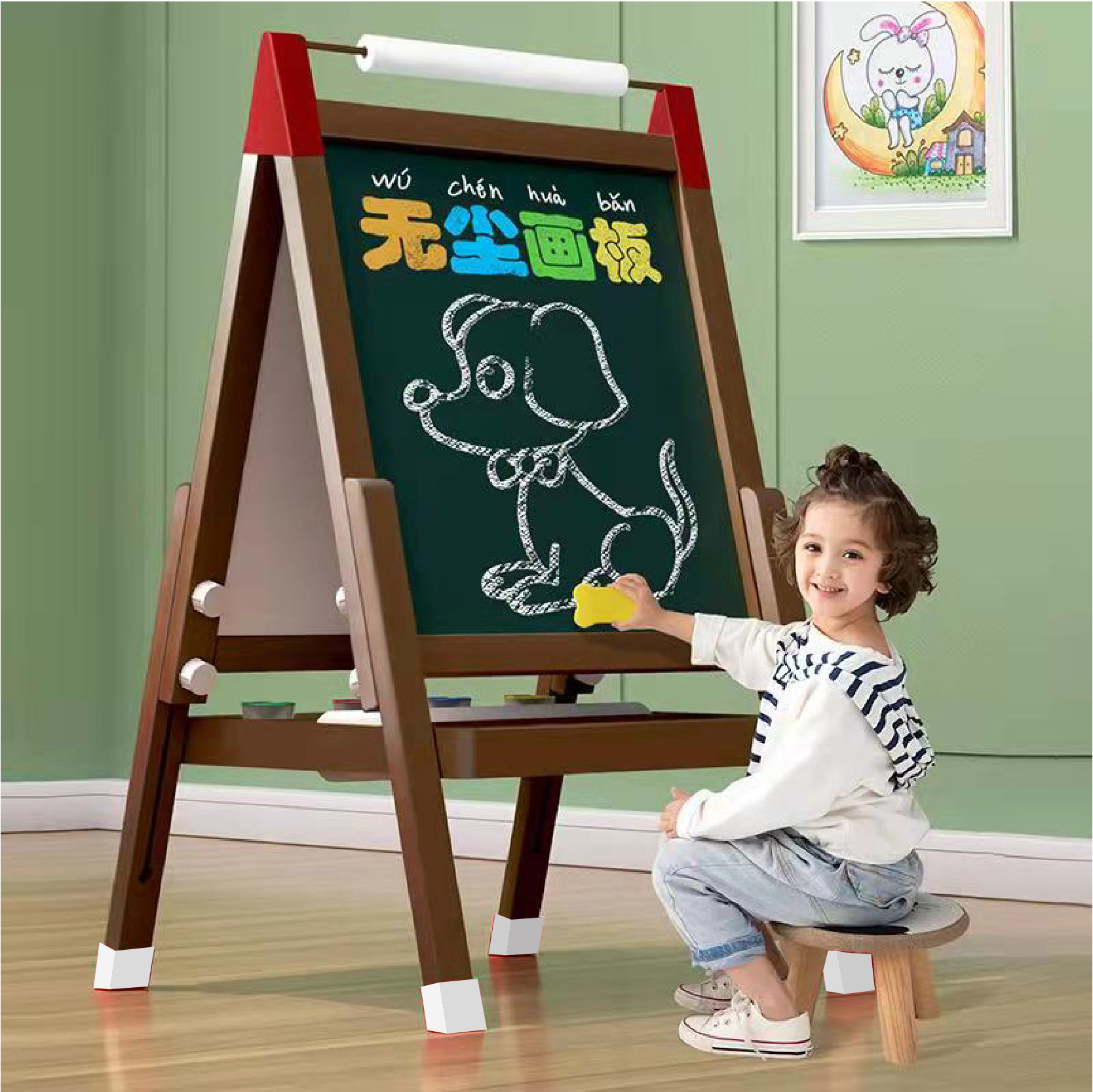 Qiaozhimu tablero de dibujo magnético de doble cara para niños y niñas se puede levantar pizarra doméstica estudiante tablero de dibujo de madera juguete