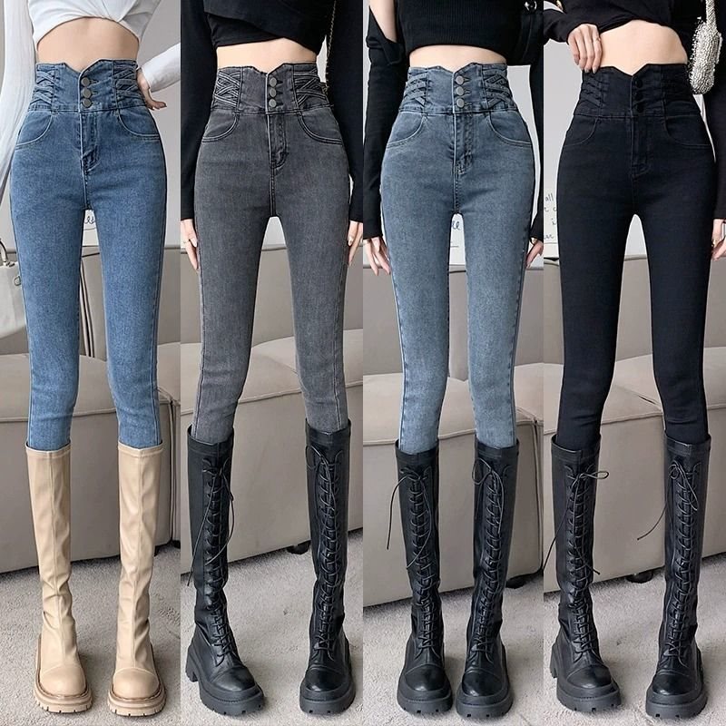 腰烟灰色弹力收腹紧身小脚牛仔裤女冬加绒加厚修身黑色铅笔裤