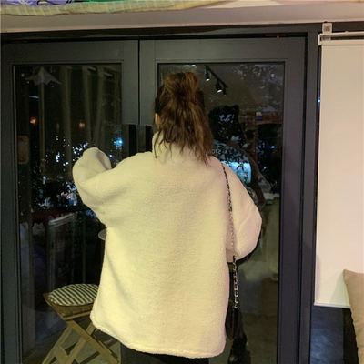 Chaqueta de Lana de Cordero para Mujer de Poliéster Holgada con Cuello Alto para Otoño e Invierno