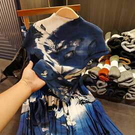 复古玉米粒水墨印花套装女夏季新款褶皱显瘦松紧腰半裙两件套