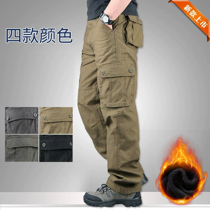 Мужские спортивные брюки из хлопка с несколькими карманами, повседневные Прямые Свободные Комбинезоны очень большого размера, верхняя одежда, утепленные брюки на флисовой подкладке