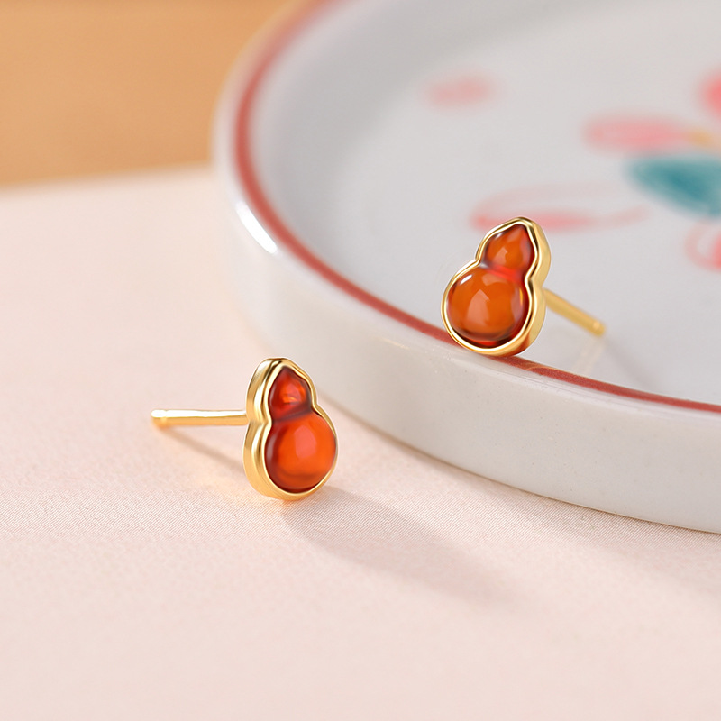Bông tai bạc S925 mạ vàng hình hươu đính hổ phách máu cổ điển — Kiểu màu bạc