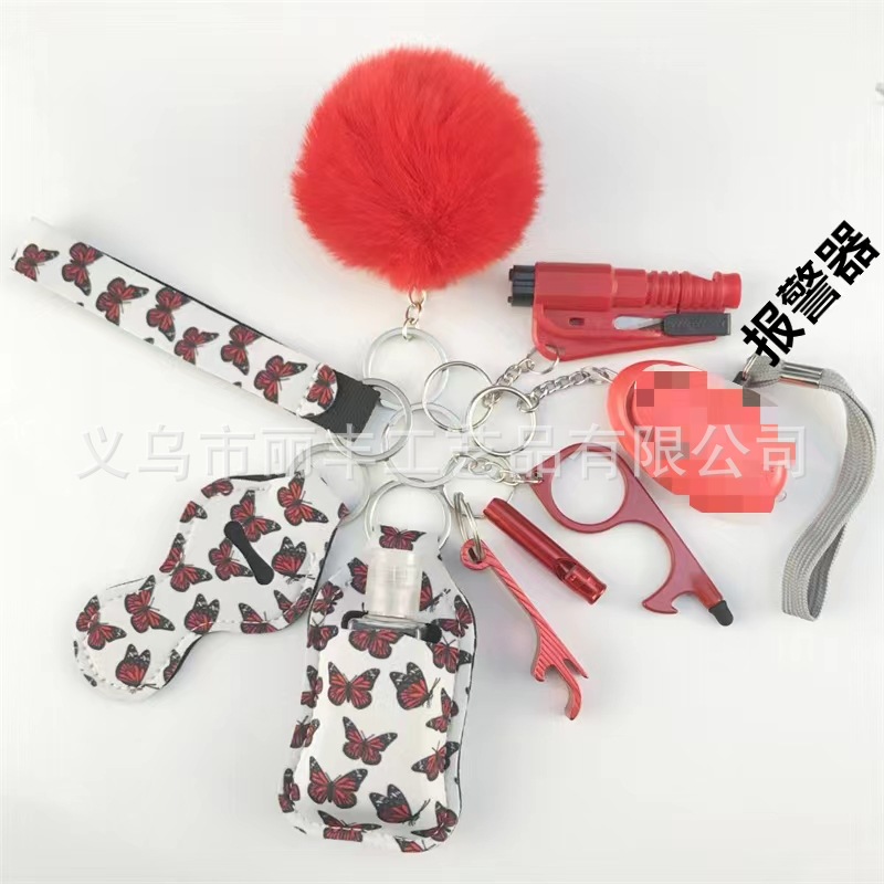 Llavero de muñeca de espejo cruzado Juego de 10 piezas Bolsa de desinfectante de manos para mujer Llavero de alarma de aluminio