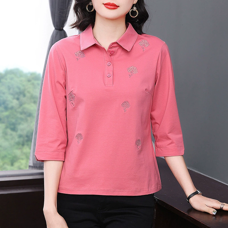 Семиточный рукав 2025 Весна и Осень плюс размер свободный иностранный стиль мама среднего возраста с вышивкой трикотажный отворот POLO нижняя футболка
