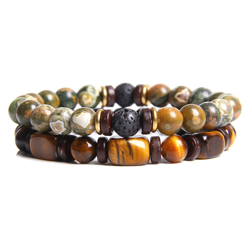 1 Set Quantity Retro Geometric Natural Stone Tiger Eye Men'S Bracelets Men Beaded Bracelets