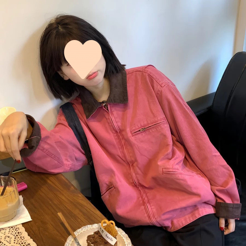 美式工装初秋棒球服粉色外套女早秋季设计感小众宽松翻领夹克春秋|undefined