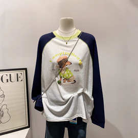 运动休闲风韩系氛围感狗狗印花T恤宽松插肩袖显瘦百搭小众打底衫