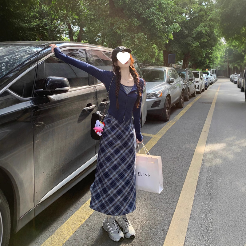 假两件挂脖设计感纯欲长袖上衣格子半身长裙女秋季2025新款两件套|undefined