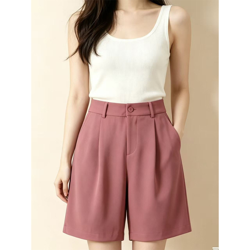 Silk Korean-Style High-Waisted Thin Casual A-Line Wide-Leg Pants for Women, Summer Ice Silk Five-Point Pants, Suit-Style Mid-Length Pants Silk Korean-Style High-Waisted Thin Casual A-Line Wide-Leg Pants for Women, Summer Ice Silk Five-Point Pants, Suit-Style Mid-Length Pants
