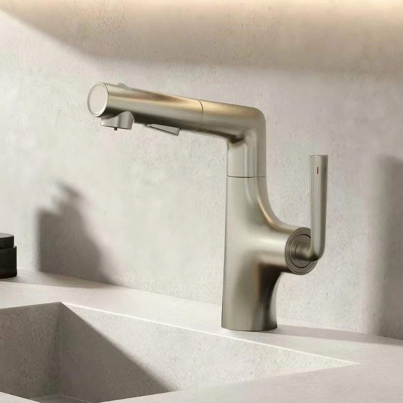 Copper Pull-Out Brushed Nickel Basin Faucet, Hot and Cold Faucet for Home Bathroom Sink, Rotating and Adjustable Pull-Out Faucet