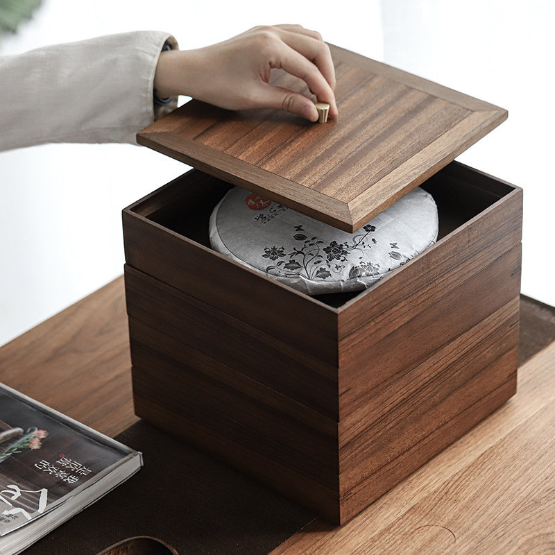 Venta al por mayor nogal Pu'er caja de té multi-capa apilable hogar de madera sólida caja de almacenamiento de pastel de té caja de almacenamiento de té bandeja de Té