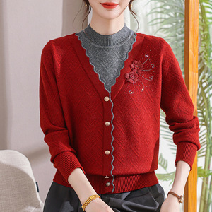 2026新款中老年秋冬加绒毛衣一体绒妈妈装加厚打底衫洋气保暖上衣，女装针织衫/毛衣，妃慕昵服饰