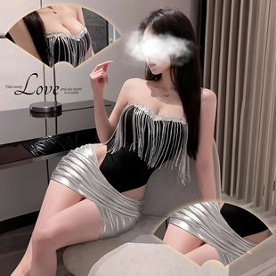 New Sexy Pajamas for Women, Tassel Tube Top, Hidden Button One-Piece Suit, Skirt, Nightclub Hottie, Slim Uniform, Sexy