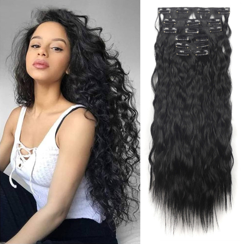 Cross-Border European and American Wig Wholesale Long 6-Piece Set Water Wave Small Curl Clip-In Hair Extensions Wig Pieces 20inch