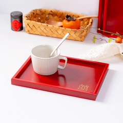 敬茶紅色托盤結婚喜糖果盤圓形圓形中式茶杯長方形家用零食木質盤
