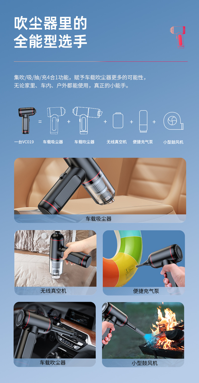 Cross-Border Car Vacuum Cleaner Three-Speed High-Power Led Lighting Long-Life Portable Handheld Car Vacuum Cleaner