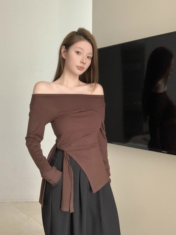 纯欲风一字领绑带长袖T恤女2025早秋新款不规则收腰显瘦露肩上衣|undefined