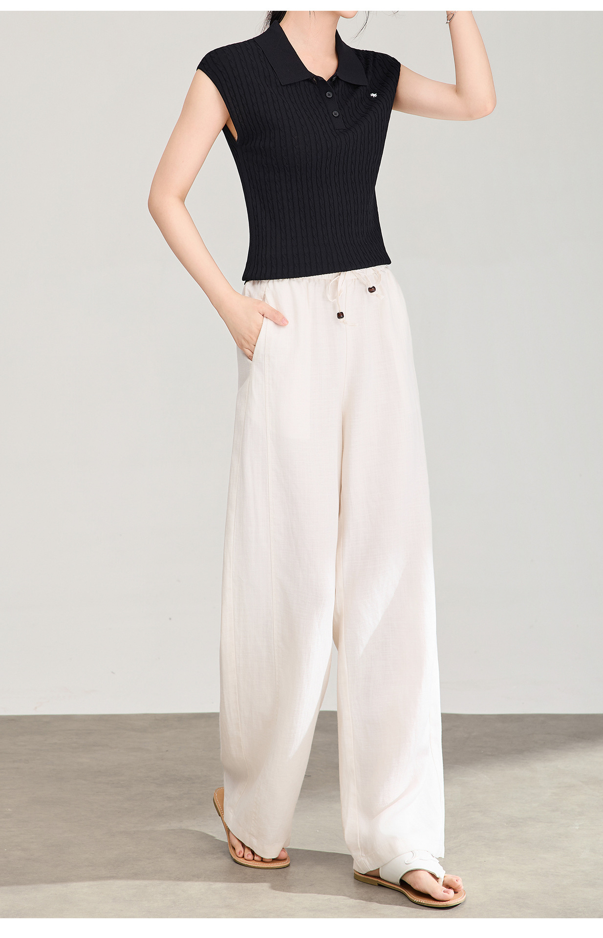 Quần culottes nữ ống rộng chất liệu linen phối lụa, cạp chun rút dây, dáng suông mềm mại — màu xanh táo chi tiết 25