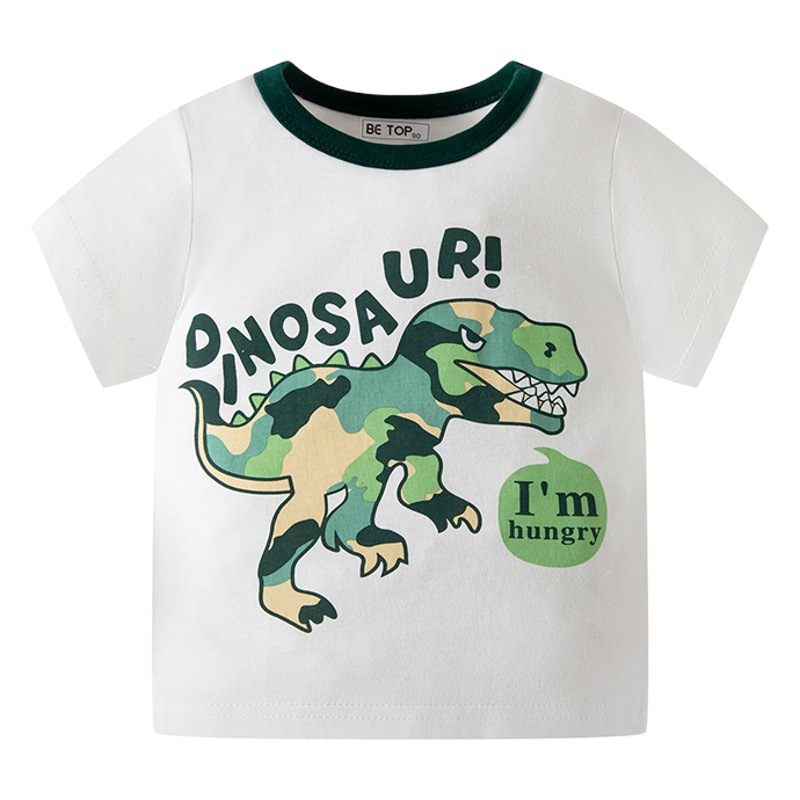 Ropa Infantil de Verano 2025, Versión Coreana, Camiseta de Manga Corta con Dibujos Animados de Dinosaurios, Top para Bebés, Cuello Redondo para Niños, a la Moda
