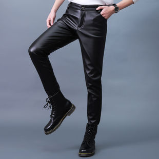Autumn and Winter Korean Style Slim Leather Pants for Men, Elastic Trendy Fleece-Lined Tight-Fitting Motorcycle Pu Leather Pants for Young and Middle-Aged People in Autumn and Winter