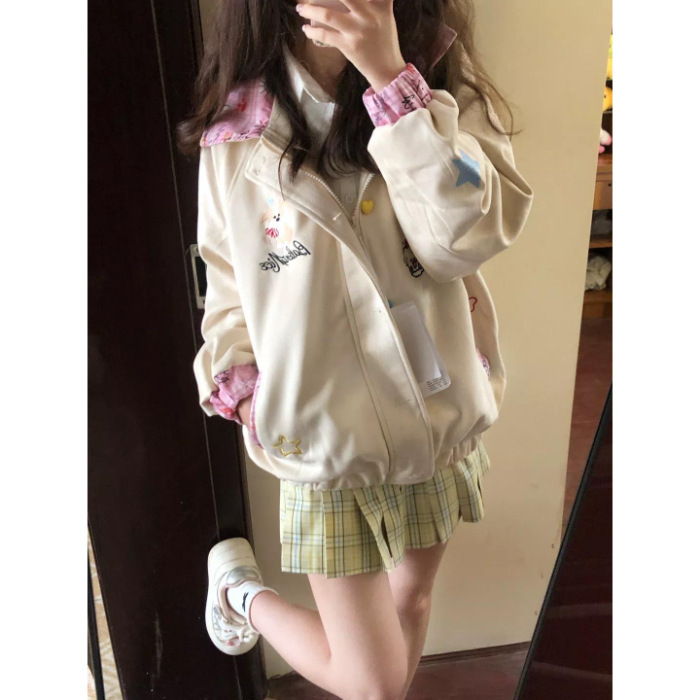 美式复古小狗刺绣撞色翻领休闲外套女秋季新款宽松百搭夹克棒球服|undefined