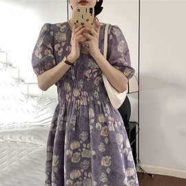 #826官图实价 法式复古碎花连衣裙女收腰显瘦短袖韩版紫色长裙