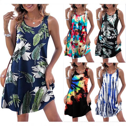 Women's Summer Dress 2025 Sleeveless Floral Bohemian V-Neck Dress Casual Loose
