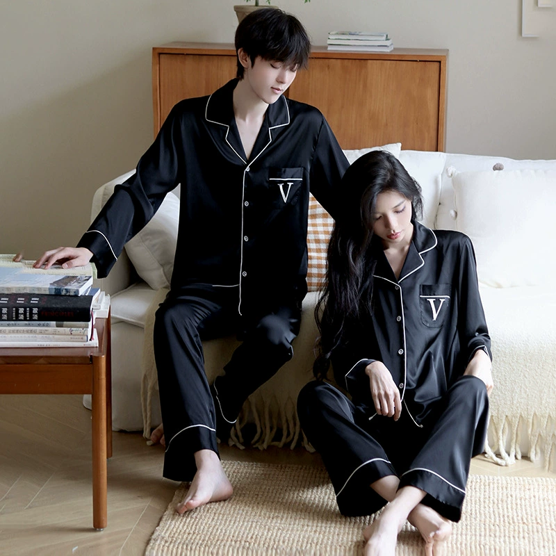 2025 новый ледяной шелк тонкая пара пижамы высокого уровня лацканный воротник с длинными рукавами брюки весна и осень домашняя одежда можно носить на улице