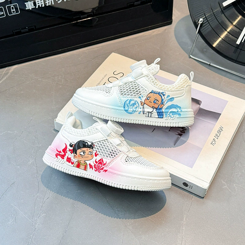 Детские спортивные кроссовки Nezha Ao Bing с ручкой, весна-лето 2025, новые популярные детские повседневные белые кроссовки с мультяшным дизайном