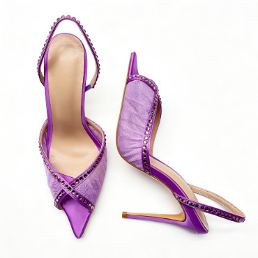 Luxurious Purple Satin Pointed-Toe High-Heel Sandals Designer Plus Size Open-Toe Rhinestone Decorated Women's Shoes for Banquets and Parties Luxurious Purple Satin Pointed-Toe High-Heel Sandals Designer Plus Size Open-Toe Rhinestone Decorated Women's Shoes for Banquets and Parties