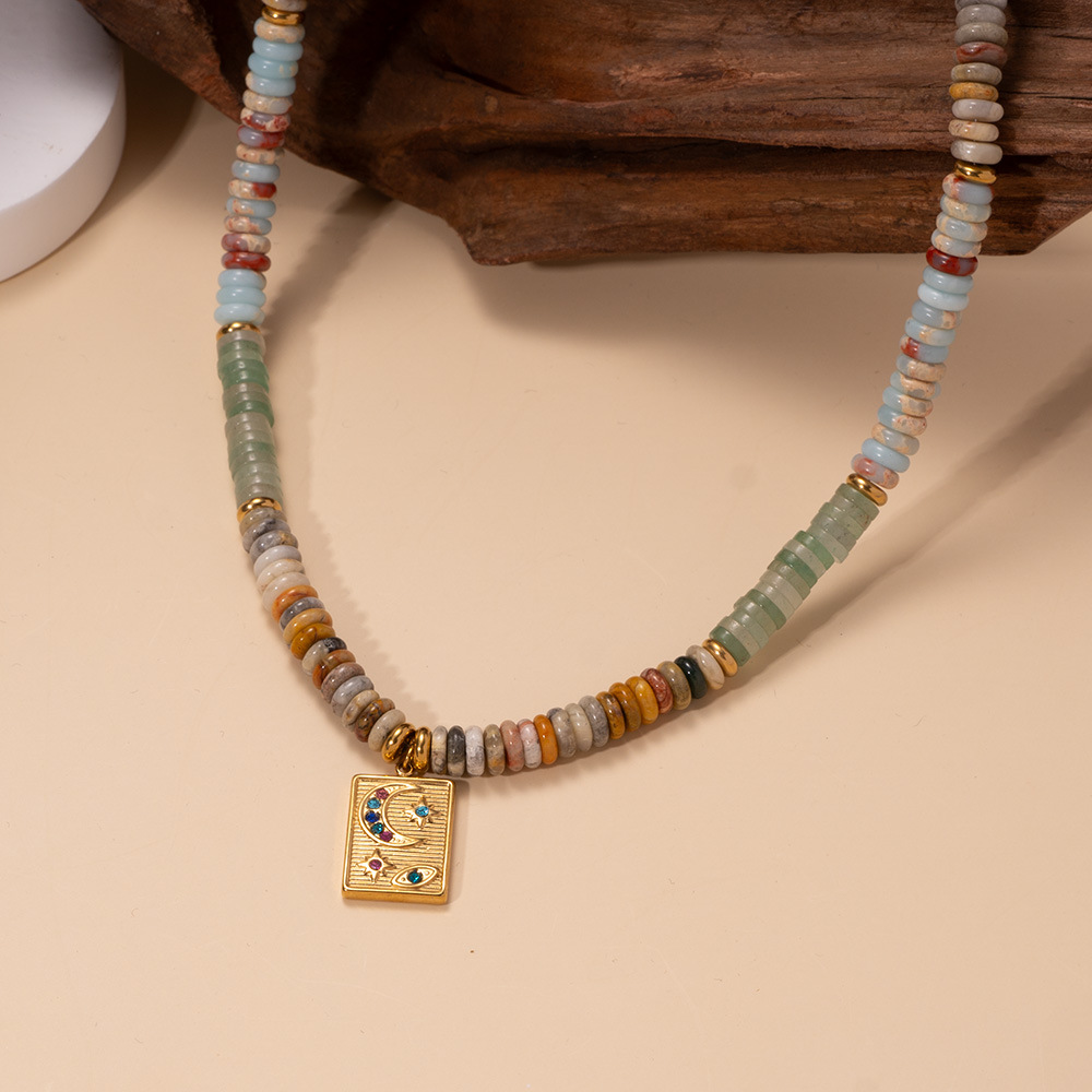 Beaded Chain Chain Type 1 Piece Quantity Vacation Classic Style Square Natural Stone Titanium Steel Beaded Chain Necklace In Bulk