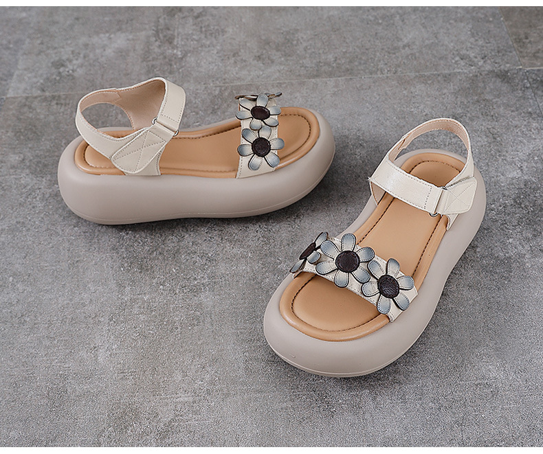 Dép sandal nữ quai chữ V da bò đế dày thoáng khí — Màu trắng be chi tiết 14