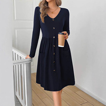 亚马逊2025欧美秋冬新款时尚优雅V领纯色假纽扣女士连衣裙女装