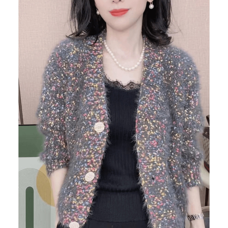 复古女时尚超好看花线彩色V领针织开衫甜美休闲宽松小香风外套|undefined