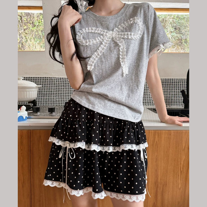 夏カジュアル女子寮半袖レースショーツスカートデザインホーム服セットモーダルパジャマ|undefined