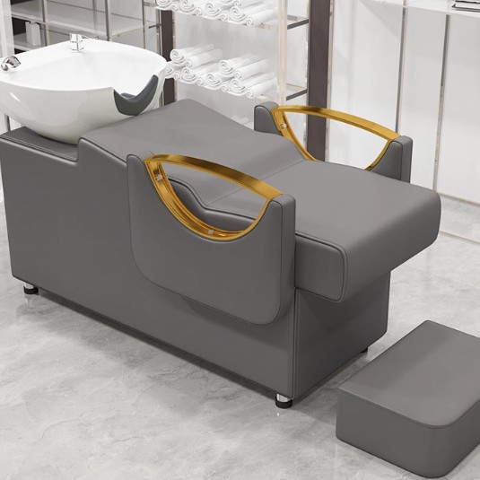 Peluquería Cama de champú Peluquería Masaje especial Terapia de cabeza Lavabo de cerámica Brazalanos de acero inoxidable Cama de champú de peluquería semi-reclinada