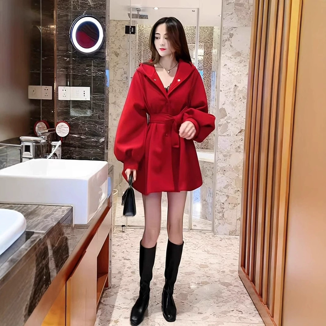 Внешняя торговля · 2024 осень и зима новая мода дикий стиль Hepburn стиль фонарь рукава куртка женская средняя длинная толстая ветровка