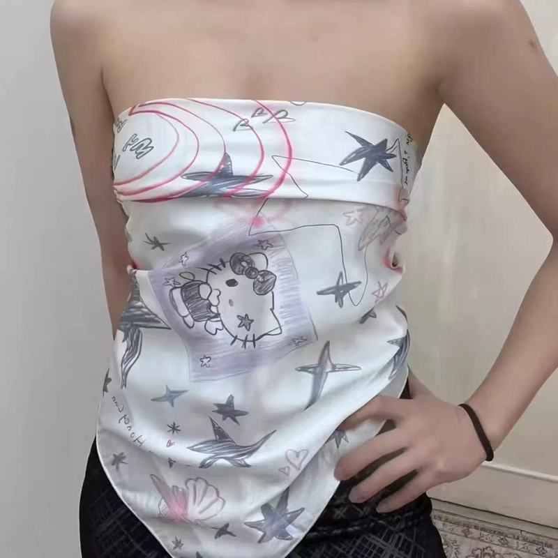 手绘涂鸦HelloKitty头巾辣妹y2k裹胸夏季街头嘻哈方巾多功能丝巾|undefined