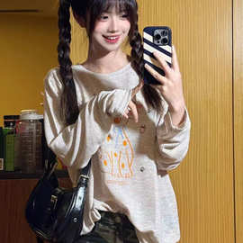 MYSAMESAME斑点狗印花圆领长袖罩衫宽松慵懒风休闲薄款透气T恤女